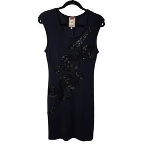 Anthropologie Yoana Barachi Navy Blue beaded‎ sheath dress Size XS